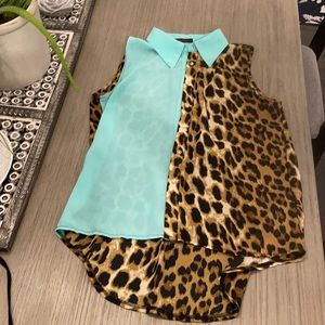 Leopard and turquoise button down top